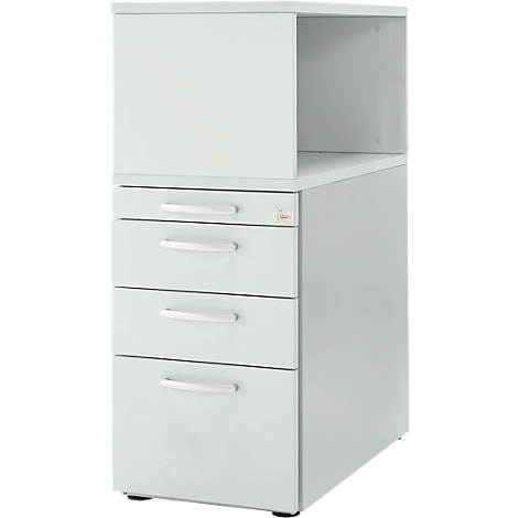 Grey office cabinet with drawers and open compartment. On white background.