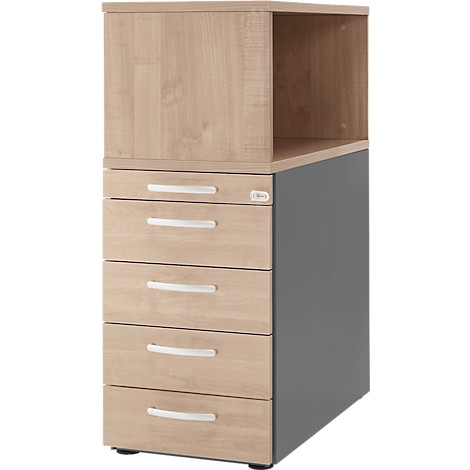 Wooden filing cabinet with drawers and open compartment.
