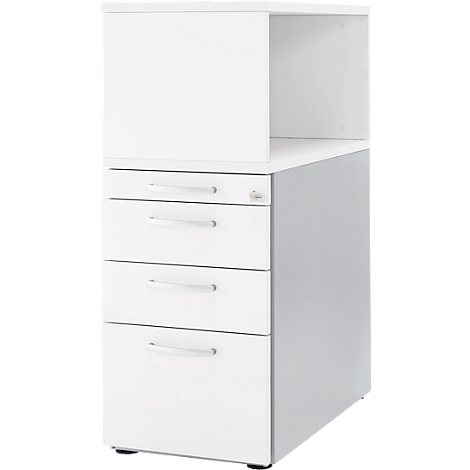 White mobile pedestal with four drawers, including an open shelf, against a white background.