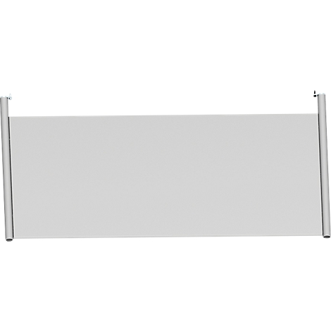 Grey roller blind with two vertical, silver supports.