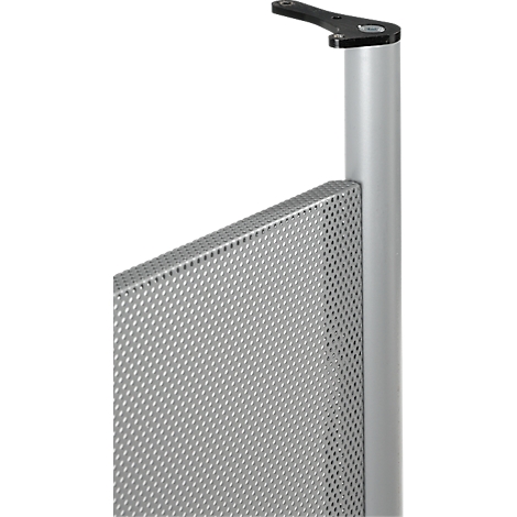 Gray metal grid with a perforated structure, connected to a silver rod and a black bracket.