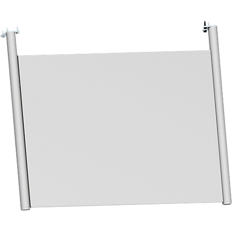 Grey awning, attached on the left and right with brackets.