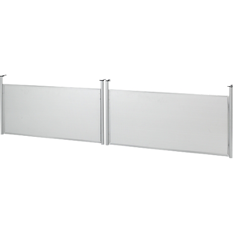Grey retractable side awning with silver posts. It is horizontally oriented and divided into two segments.