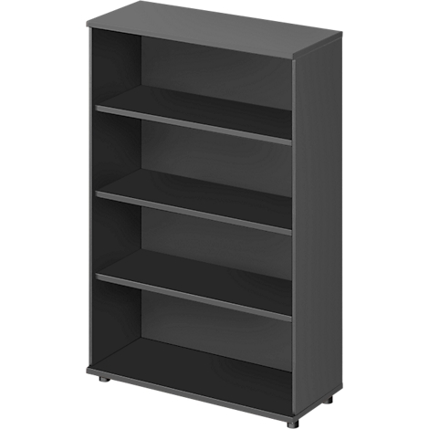 Donkergrijze boekenplank met vier compartimenten, tegen een witte achtergrond. De planken zijn leeg.