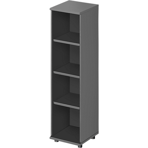 Grijze kast met vier planken. Hij staat op kleine voetjes.