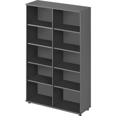 Grijs boekenrek met acht compartimenten. Rechtstaand, vooraanzicht.