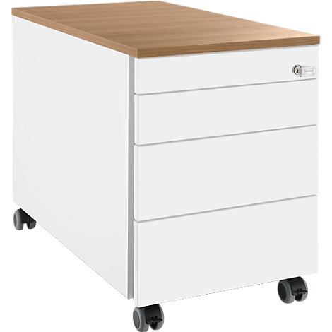 Weißer Rollcontainer mit brauner Holzplatte und drei Schubladen auf Rollen.