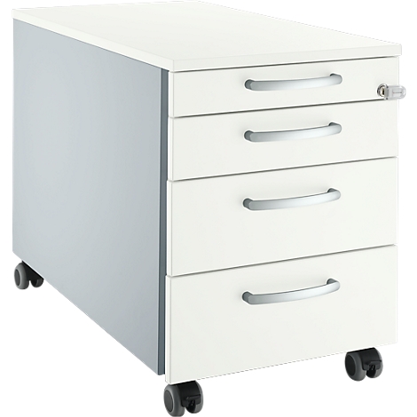 White mobile pedestal with four drawers, silver handles and lock. On grey base with casters.