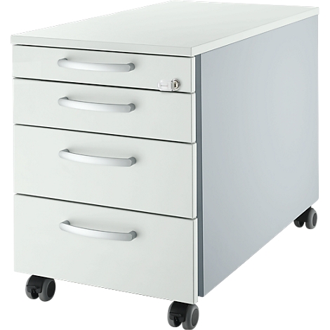 White office cabinet on wheels, with four drawers and silver handles. There is a lock on the top drawer.