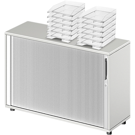 Witte rolcontainer met transparante plastic lade-opzetstukken.