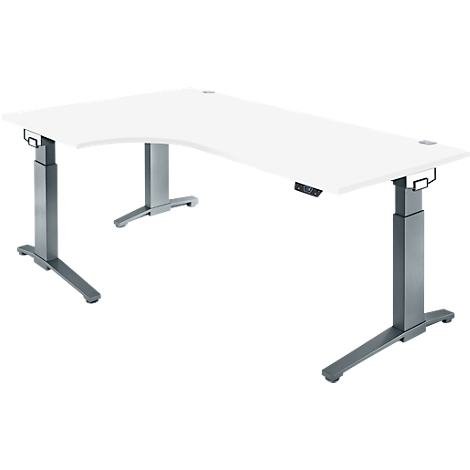 Bureau d'angle avec plateau blanc et cadre gris. Il a une hauteur réglable.