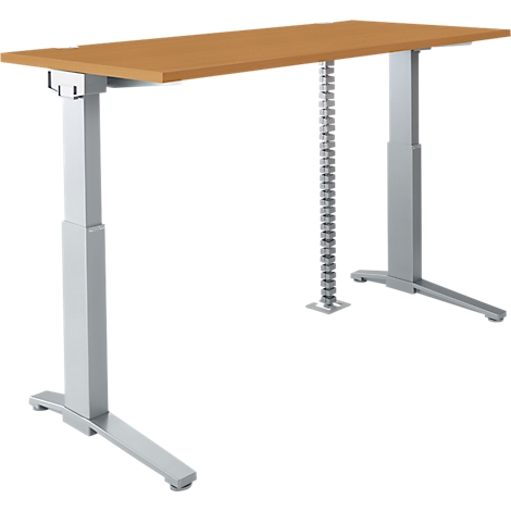 Hellbrauner, höhenverstellbarer Schreibtisch mit zwei Beinen aus Metall.