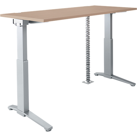 Ein höhenverstellbarer Schreibtisch mit hellbrauner Tischplatte und silberfarbenen Beinen. Ein spiralförmiges Element verbindet Tisch und Boden.