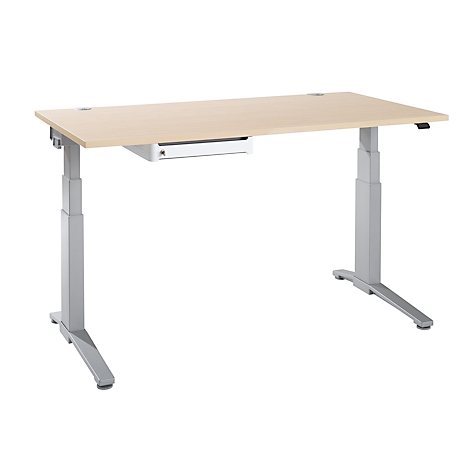 Heller, höhenverstellbarer Schreibtisch mit weißem Fach und silbernen Beinen.