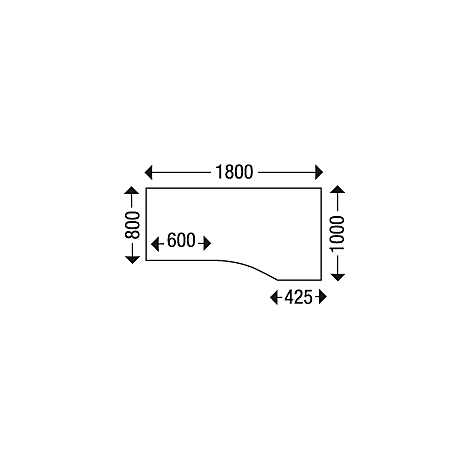Draufsicht auf einen Schreibtisch. Abmessungen: 1800 x 1000 mm, mit einer geschwungenen Ecke.