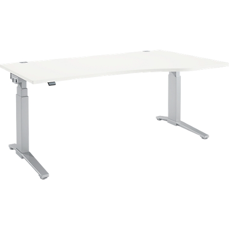 Weißer, höhenverstellbarer Schreibtisch auf grauem Metallgestell. Abgerundete Tischplatte. Eine Seite mit Bedienelement.
