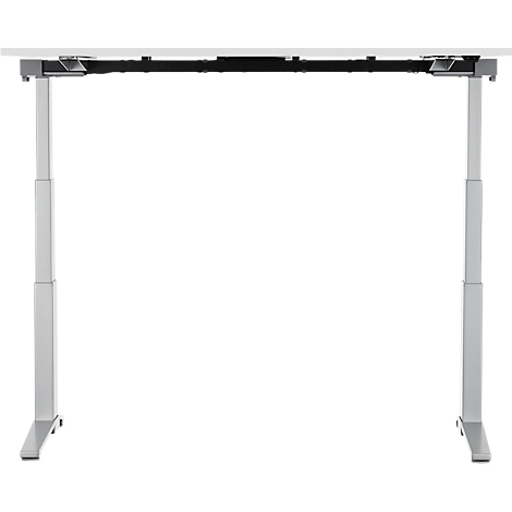 Höhenverstellbarer Schreibtisch, graue Beine, weiße Tischplatte, schwarze Konstruktion.