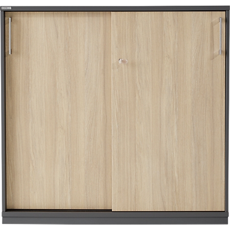 Kast met twee schuifdeuren van licht hout. Metalen handgrepen. Donker frame.