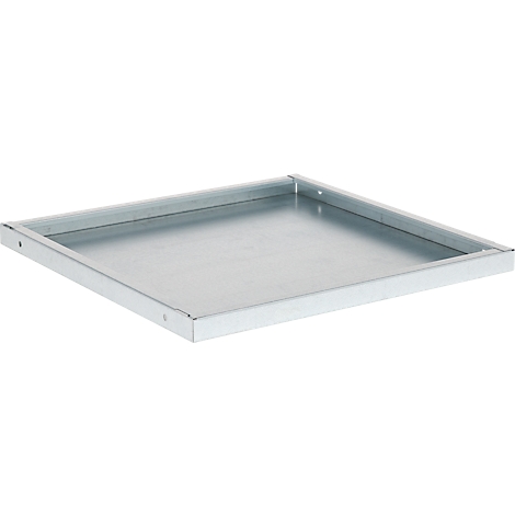 Square, silver metal shelf with raised edges.
