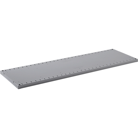 Gray, elongated metal plate with holes on the edge. Perspective view, on white background.