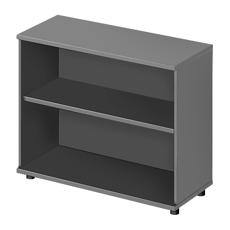 Gray shelf with two shelves, made of rectangular elements, standing on small feet.