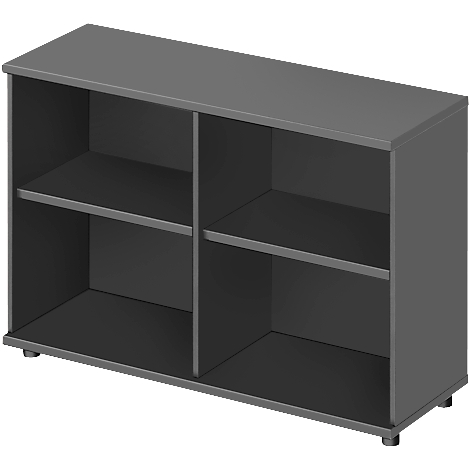 Gray shelf with two compartments, two shelves, and small feet.