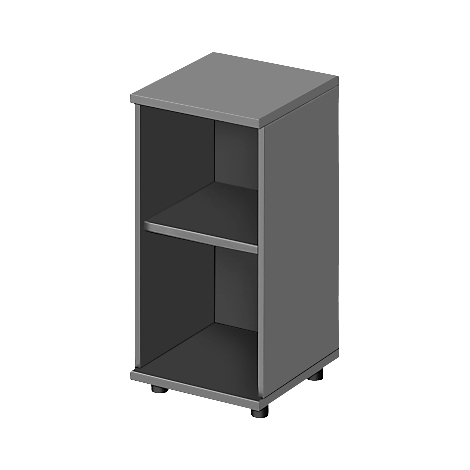 Gray bedside table with an open compartment and a shelf.