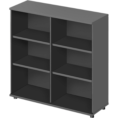 Gray shelf with six compartments, standing on four feet.
