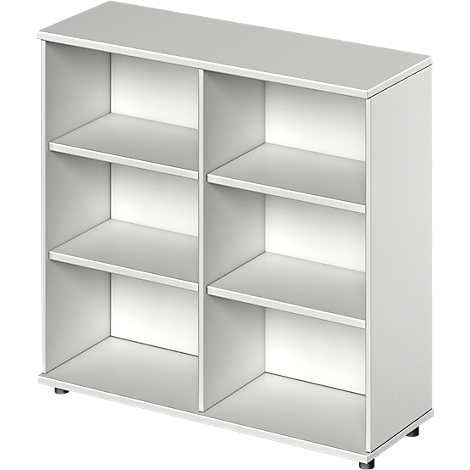 White shelf with six compartments. The inner sides of the compartments are lighter. Standing on black feet.