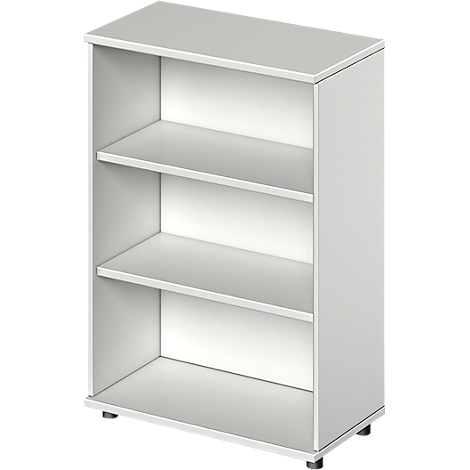 White shelf with three compartments, standing on small black feet.