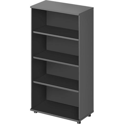 Grey bookshelf with four levels, view from a slightly elevated angle.