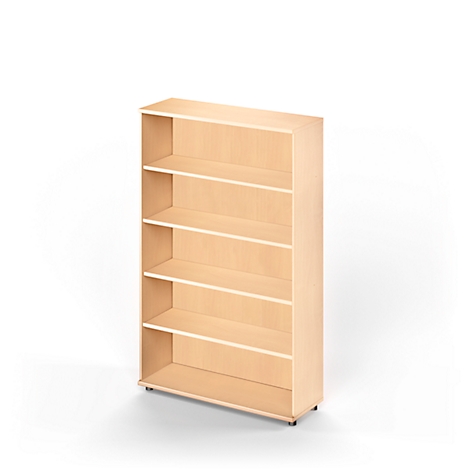 Light brown bookshelf, five shelves. Stands in front of white background.