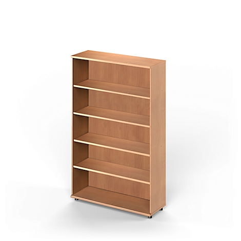 A light brown bookshelf with six shelves against a white background.