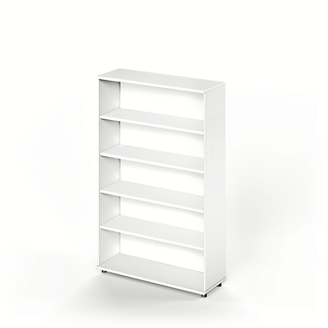 A white bookcase with five shelves against a white background.