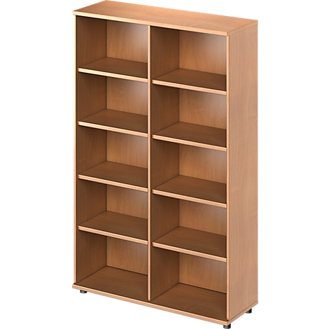 Beige wooden bookcase with eight compartments. The bookcase stands on castors. The shelves are arranged horizontally.