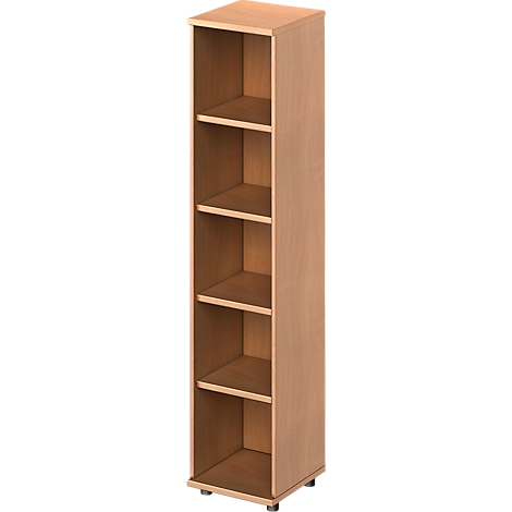 A tall, narrow cabinet made of light-colored wood with five shelves. The surfaces are smooth and textured.