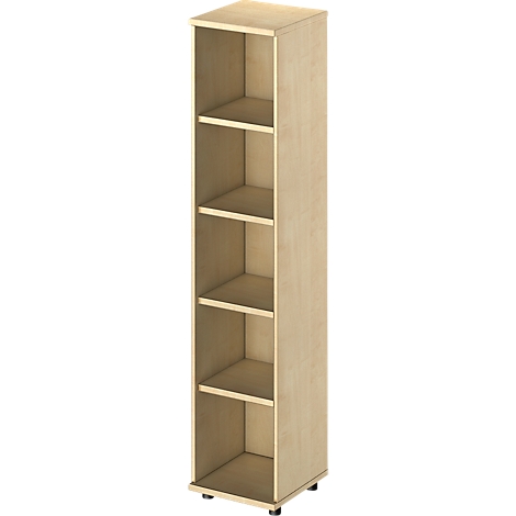 A tall, beige cabinet with five open compartments. The shelves are flush with the side panels.