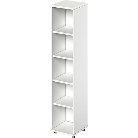 White bookshelf with five shelves. Minimalist design, simple shape.