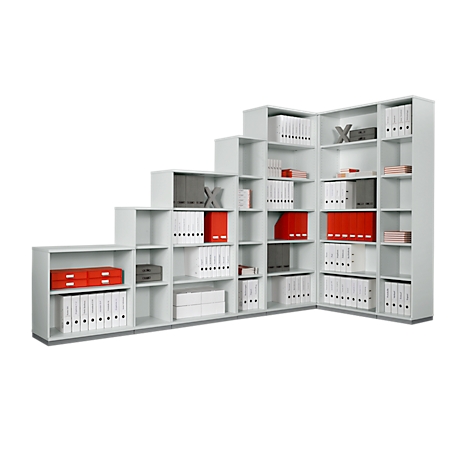 White, multi-level corner shelf filled with folders and decorations.