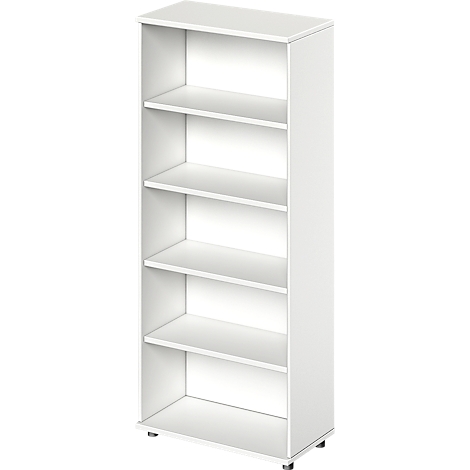 White bookshelf with five open shelves. The shelf is rectangular and stands on small, round feet.