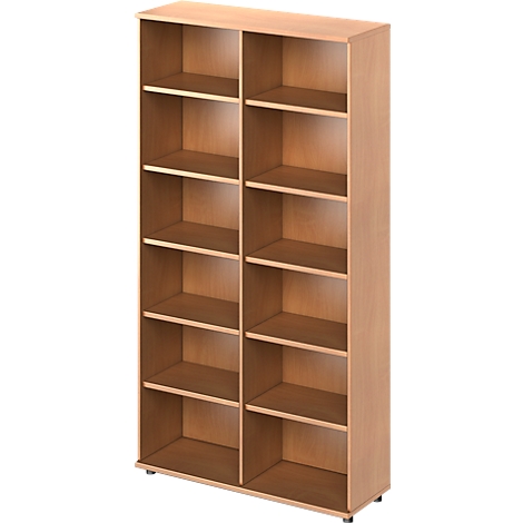 A tall, beige bookshelf with six shelves in two columns.