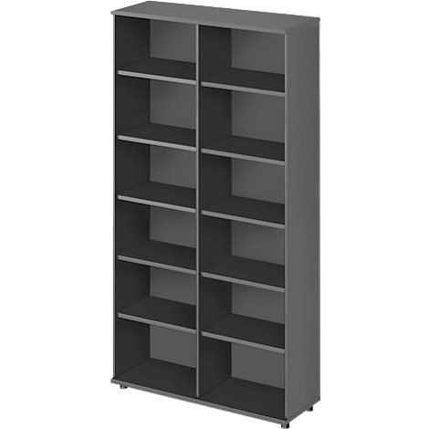 Gray bookcase with multiple compartments. Each compartment offers ample storage space.