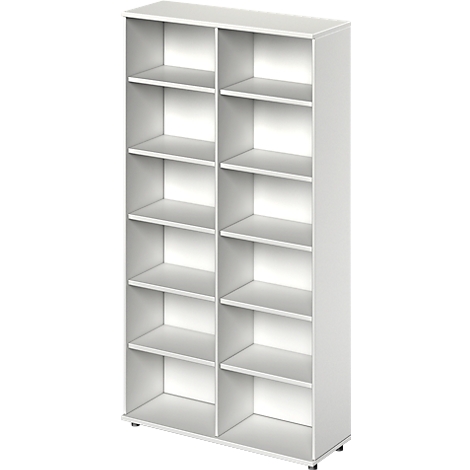White bookshelf with two columns and multiple shelves. The design is simple and modern.