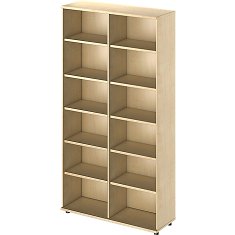 Beige bookcase with eight compartments. Nothing is visible on the shelves yet.