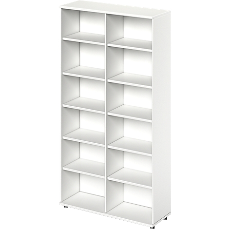 White bookshelf with six compartments separated by vertical dividers.