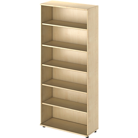 A light-colored bookshelf with six shelves. It stands against a white background.