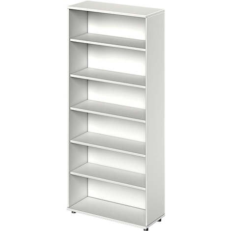 White bookshelf with six open compartments. It stands on small feet.