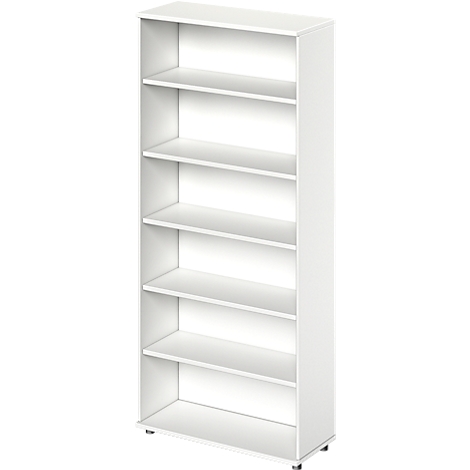 White shelf with six compartments, simple shape, neutral background.