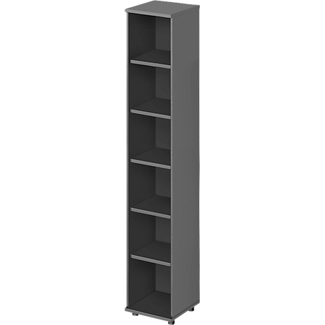 Tall gray cabinet with six open shelves. Rectangular shape, stands on four small feet.