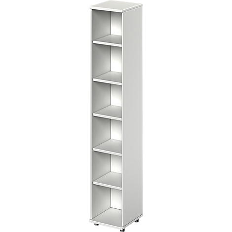 Tall white cabinet with six open shelves. It stands on small, dark feet.